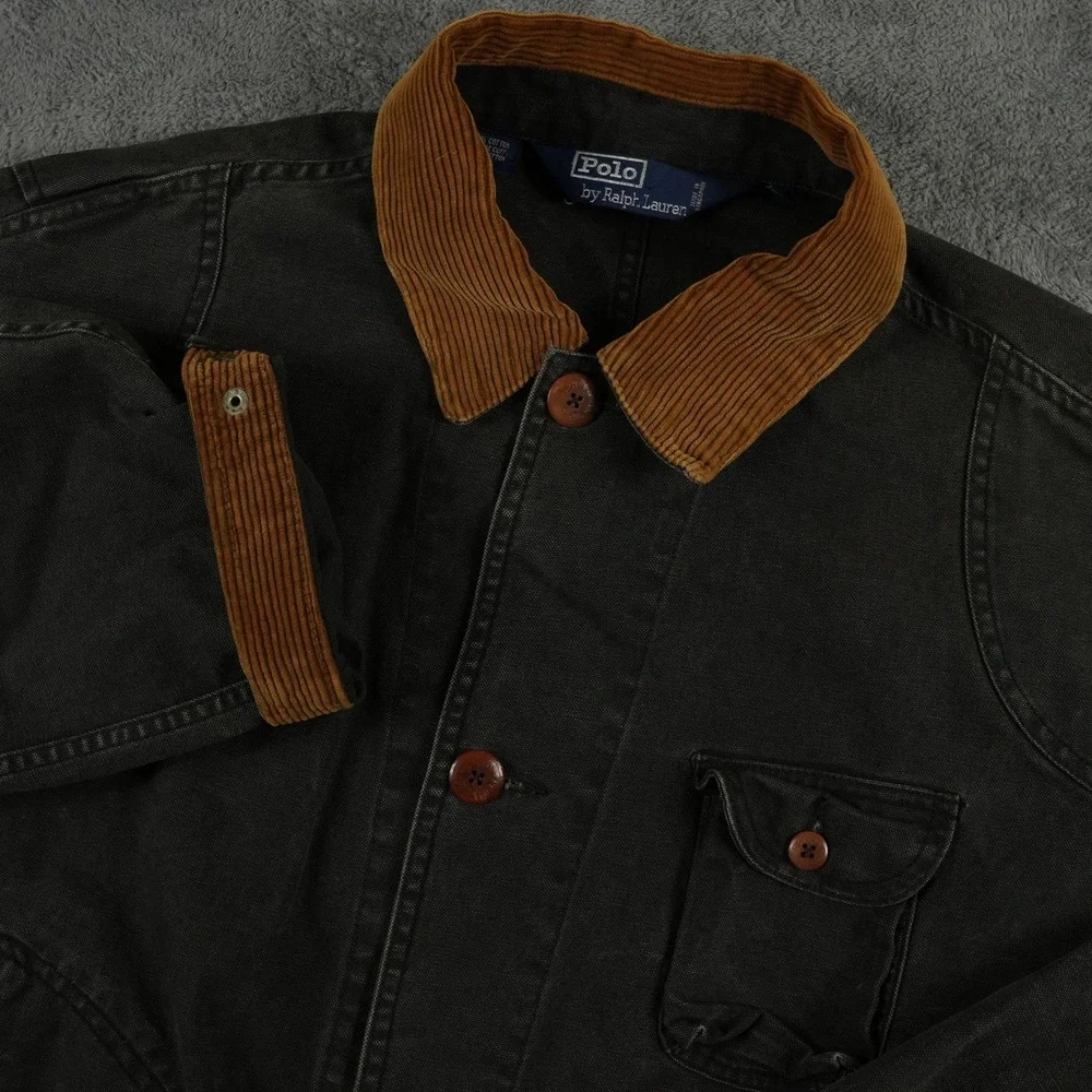 VTG Polo Ralph Lauren Chore Jacket Mens XL‎ Black Canvas Corduroy Trim Utility
